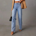 Women's High Waisted Straight Leg Jeans Full Length Denim - Blue