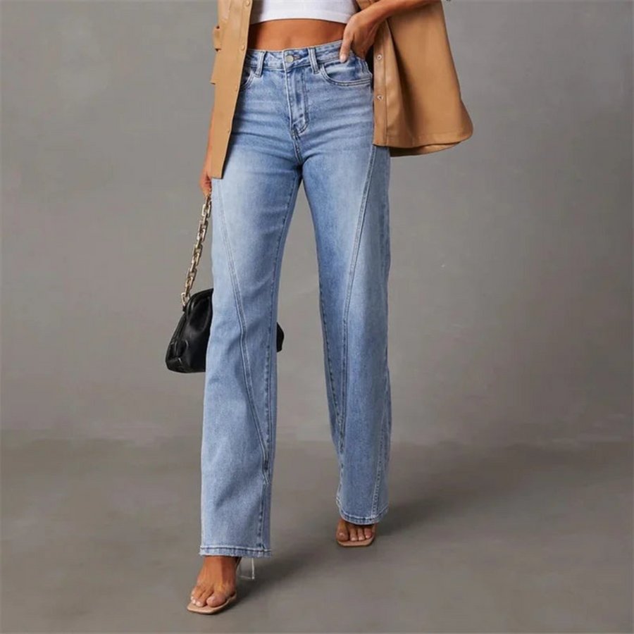 Women's High Waisted Straight Leg Jeans Full Length Denim - Blue