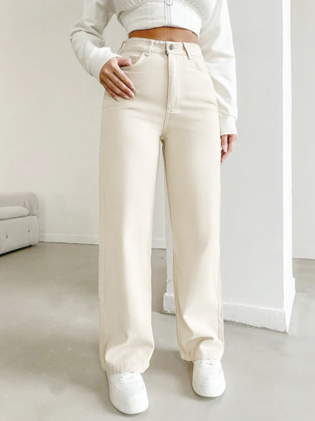 Women's High Waisted Wide Leg Denim Jeans Loose Fit - Ivory