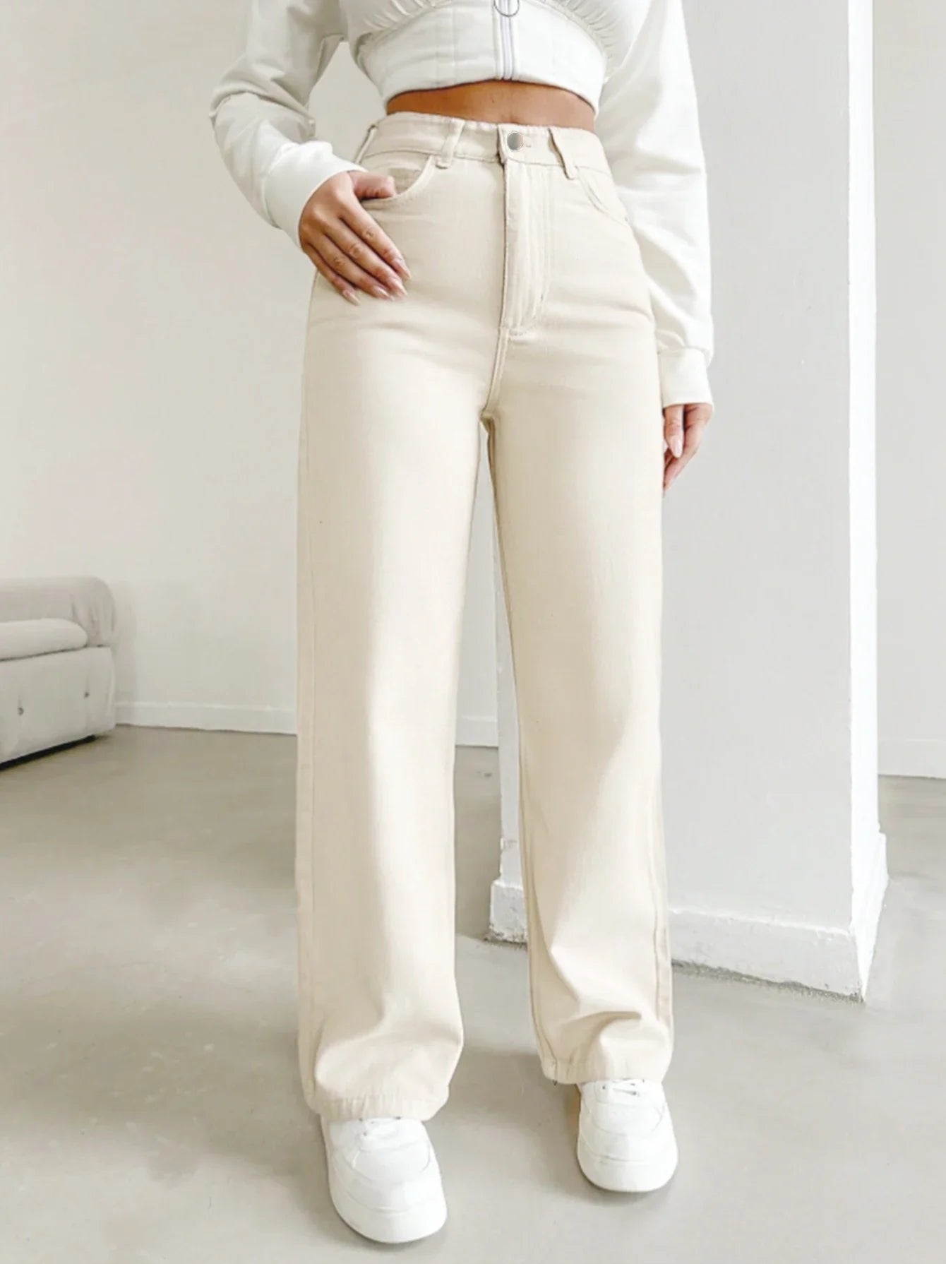 Women's High Waisted Wide Leg Denim Jeans Loose Fit - Ivory