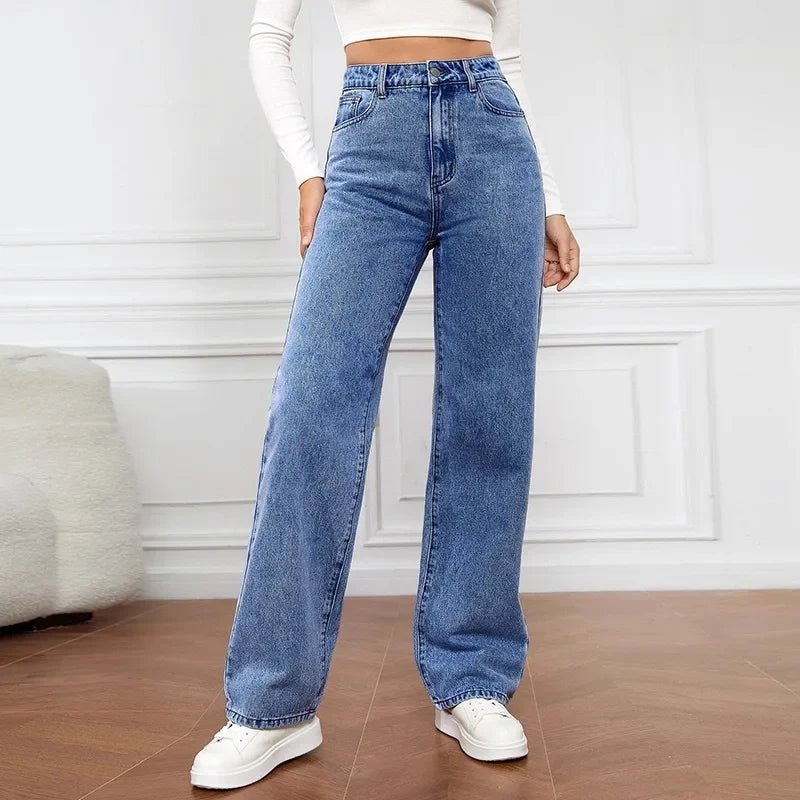 Women's High Waisted Wide Leg Denim Jeans Straight Fit - Blue