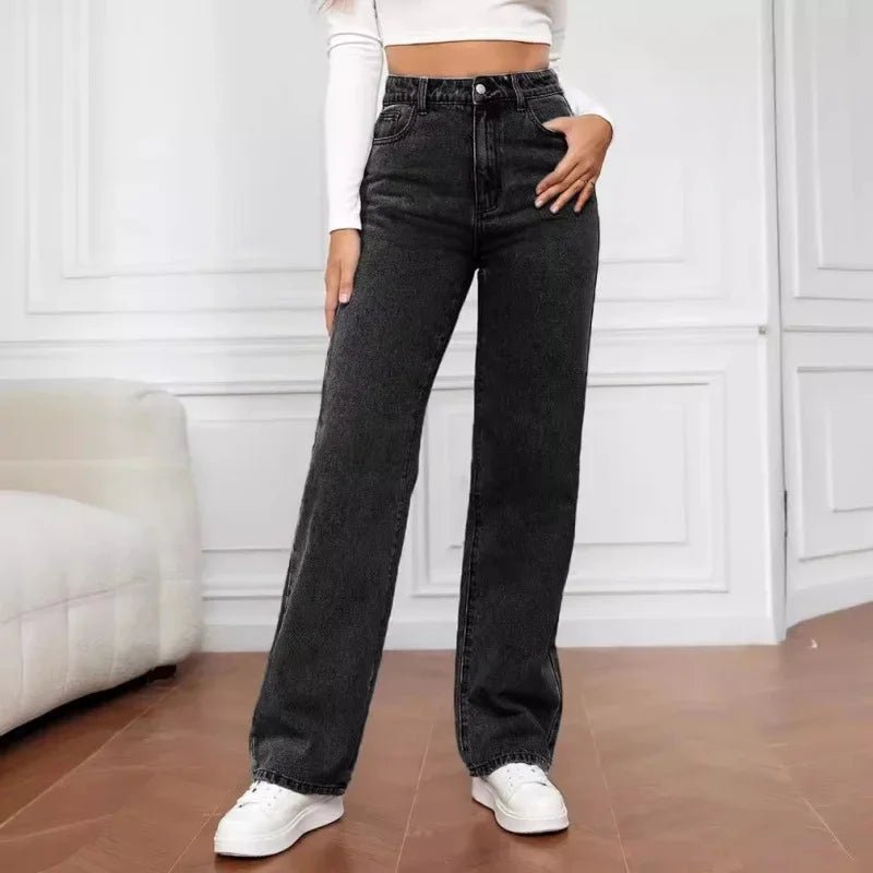 Women's High Waisted Wide Leg Denim Jeans Straight Fit - Dark Gray