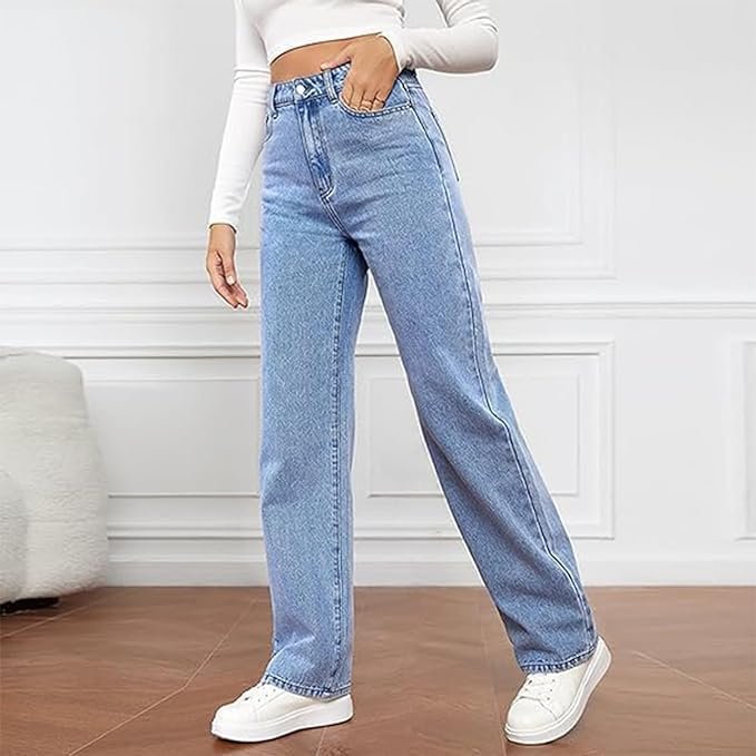 Women's High Waisted Wide Leg Denim Jeans Straight Fit - Light Blue