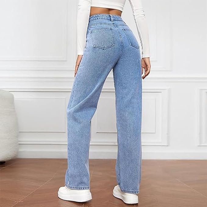 Women's High Waisted Wide Leg Denim Jeans Straight Fit