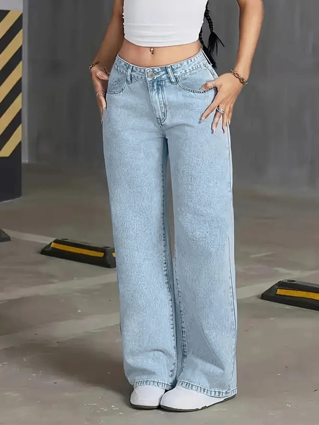 Women's High Waisted Wide Leg Denim Jeans Straight Full Length - Blue
