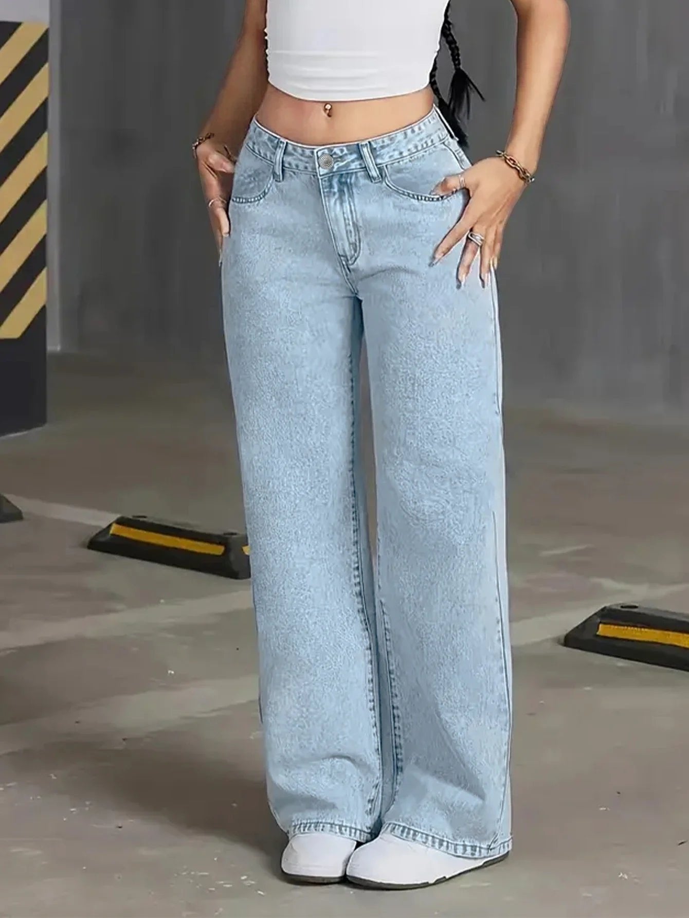 Women's High Waisted Wide Leg Denim Jeans Straight Full Length - Blue