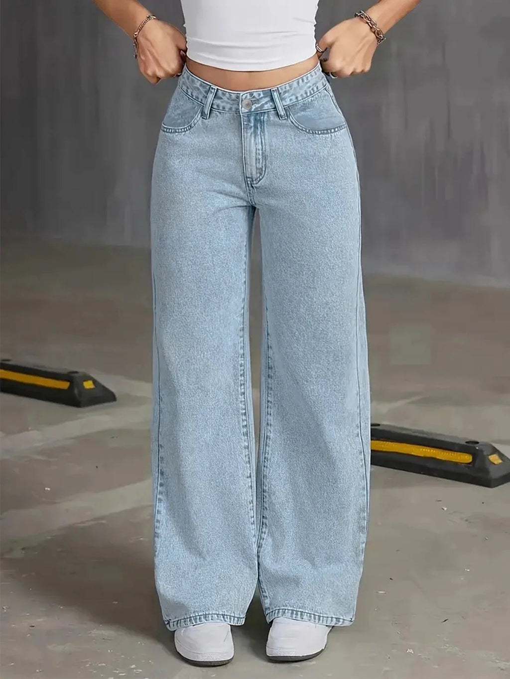 Women's High Waisted Wide Leg Denim Jeans Straight Full Length