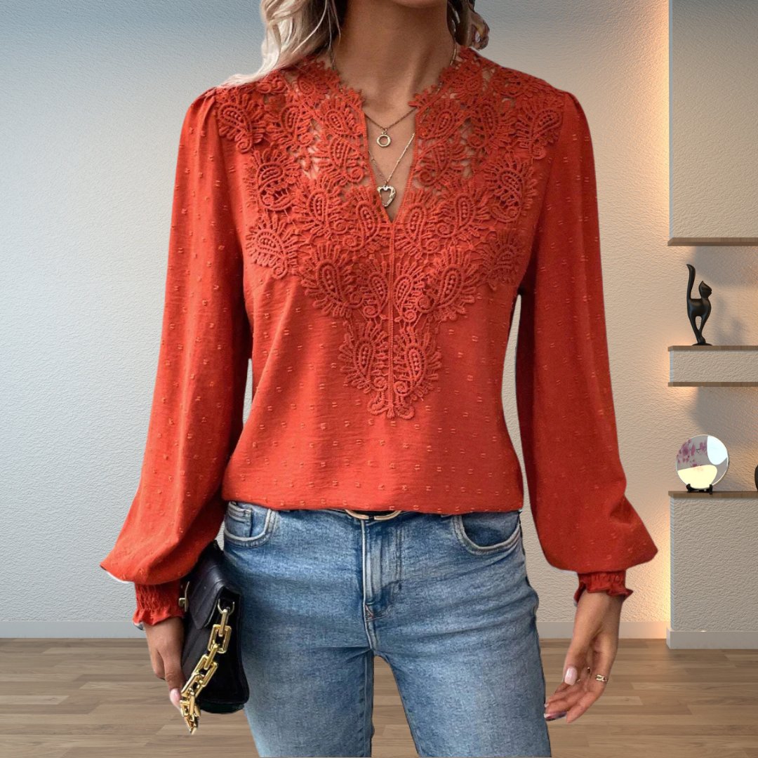 Women's Lace Detail Blouse Long Sleeve V-Neck Lightweight - Terracotta