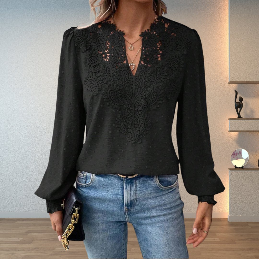 Women's Lace Detail Blouse Long Sleeve V-Neck Lightweight - Black