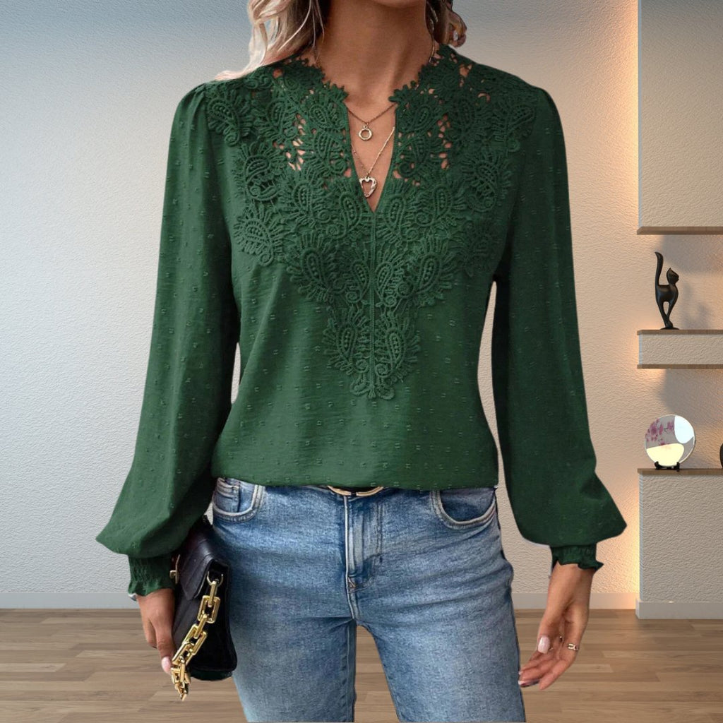 Women's Lace Detail Blouse Long Sleeve V-Neck Lightweight - Dark Green