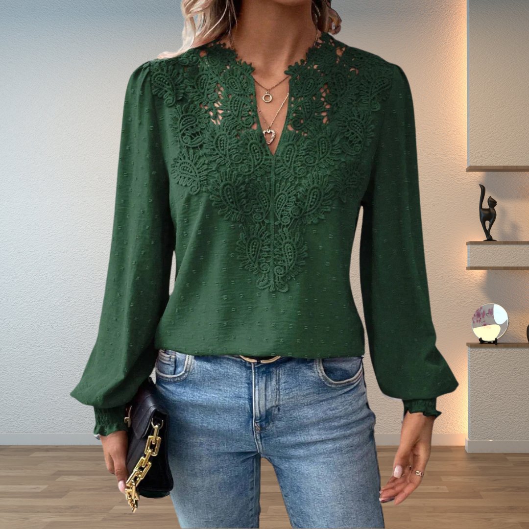Women's Lace Detail Blouse Long Sleeve V-Neck Lightweight - Dark Green
