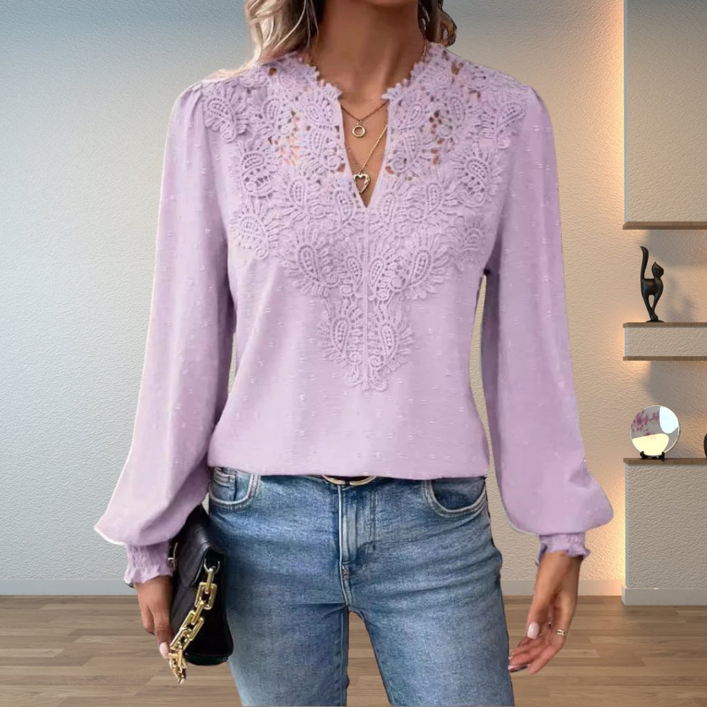 Women's Lace Detail Blouse Long Sleeve V-Neck Lightweight - Light Purple