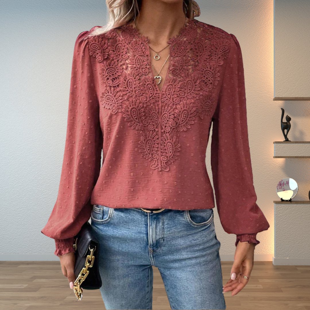 Women's Lace Detail Blouse Long Sleeve V-Neck Lightweight - Dusty Pink