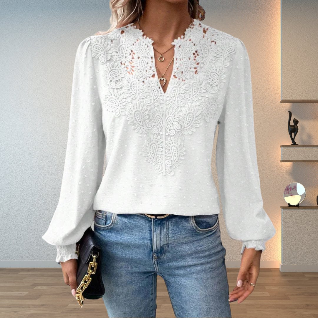 Women's Lace Detail Blouse Long Sleeve V-Neck Lightweight - White