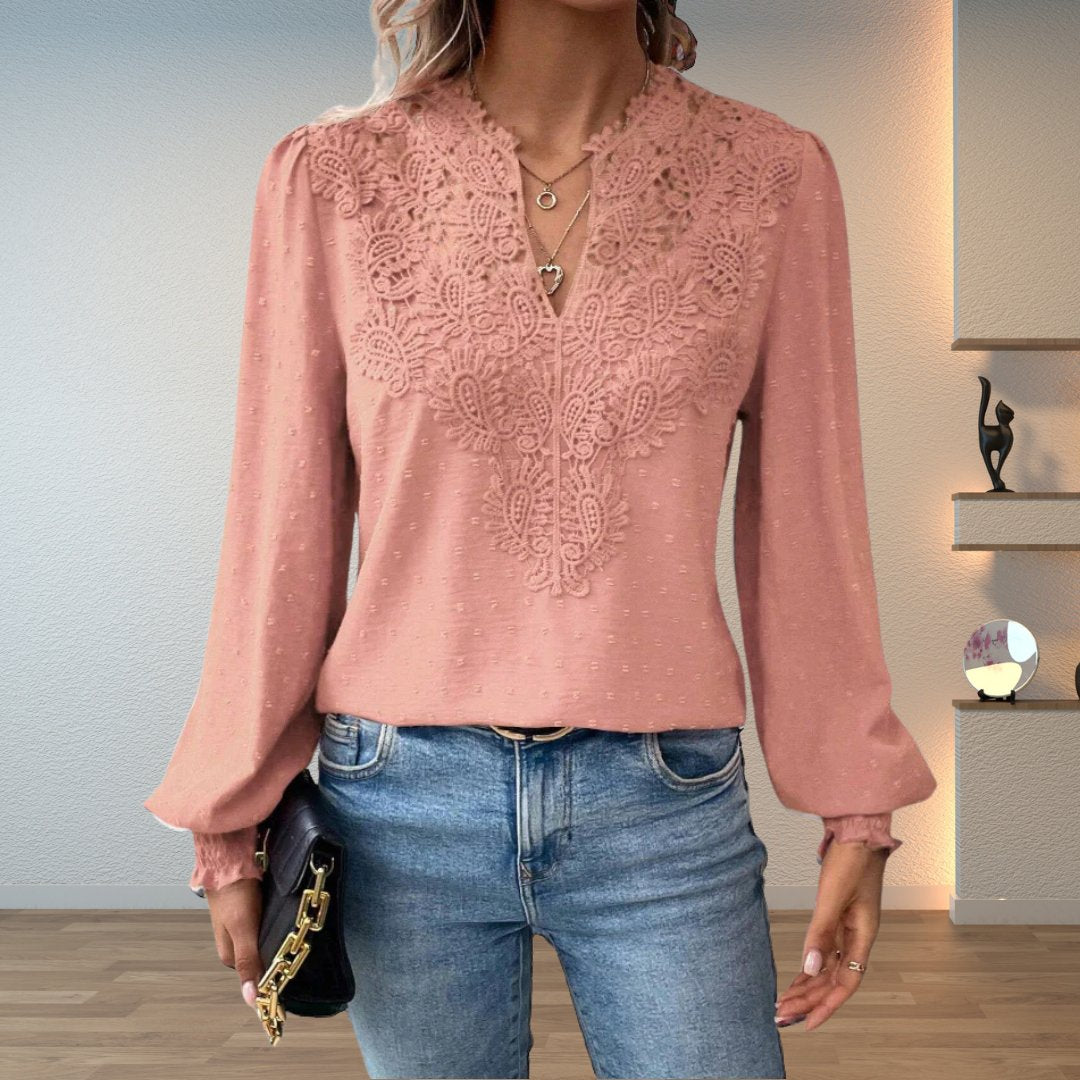 Women's Lace Detail Blouse Long Sleeve V-Neck Lightweight - Pink
