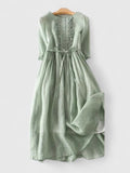 Women's Lace-Up Cotton Linen Midi Dress - Green