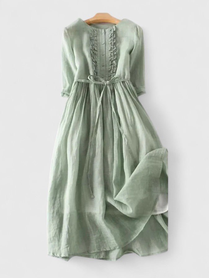 Women's Lace-Up Cotton Linen Midi Dress - Green