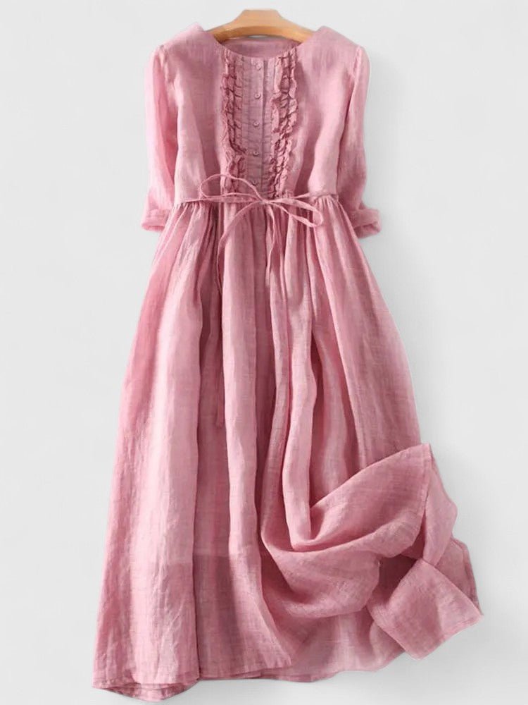 Women's Lace-Up Cotton Linen Midi Dress - Pink