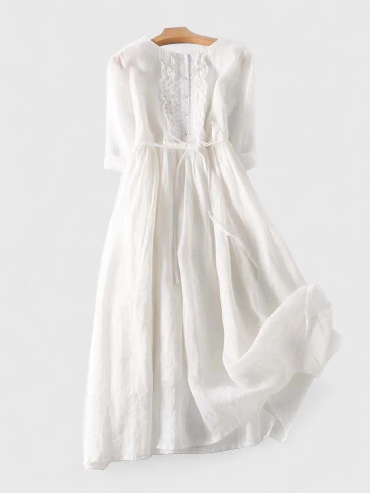 Women's Lace-Up Cotton Linen Midi Dress - White