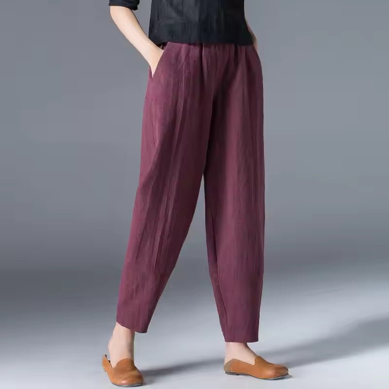 Women's Lightweight Relaxed-Fit Elastic-Waist Ankle Pants - Burgundy