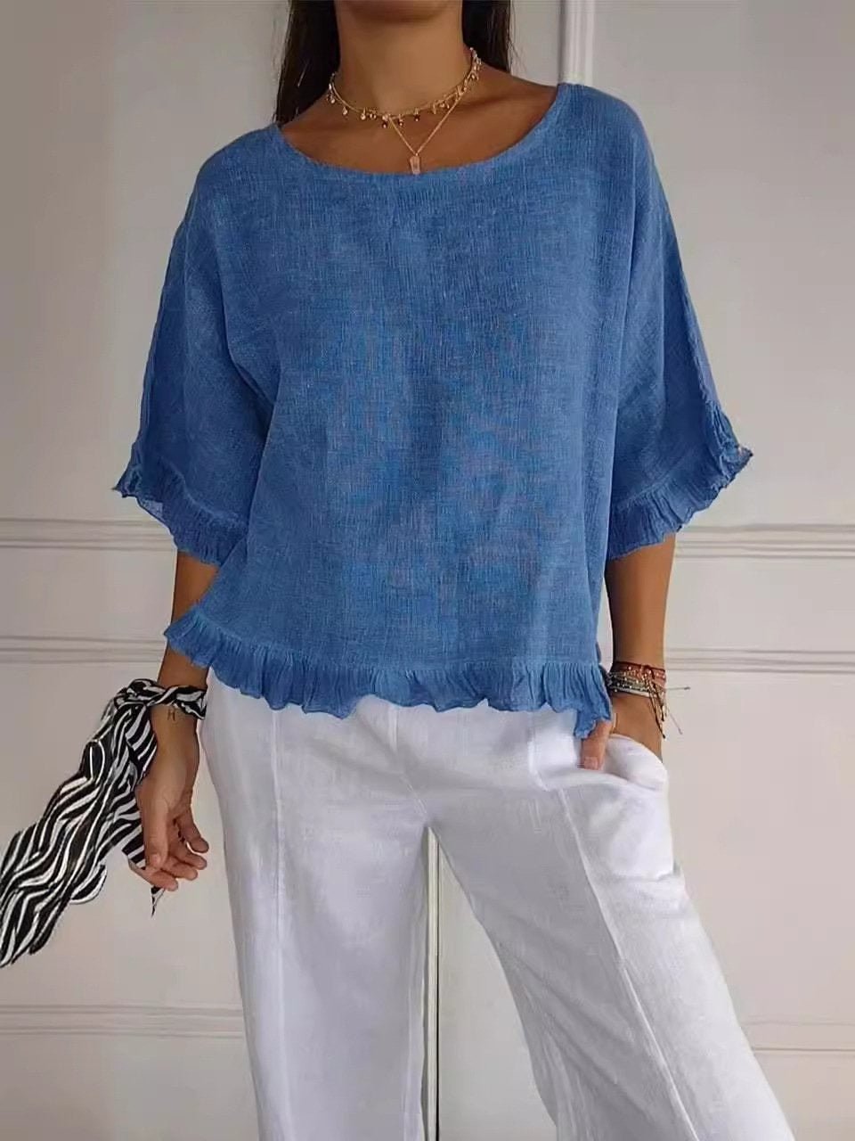Women's Lightweight Ruffle-Hem Short-Sleeve Blouse - Blue (Almost sold out)