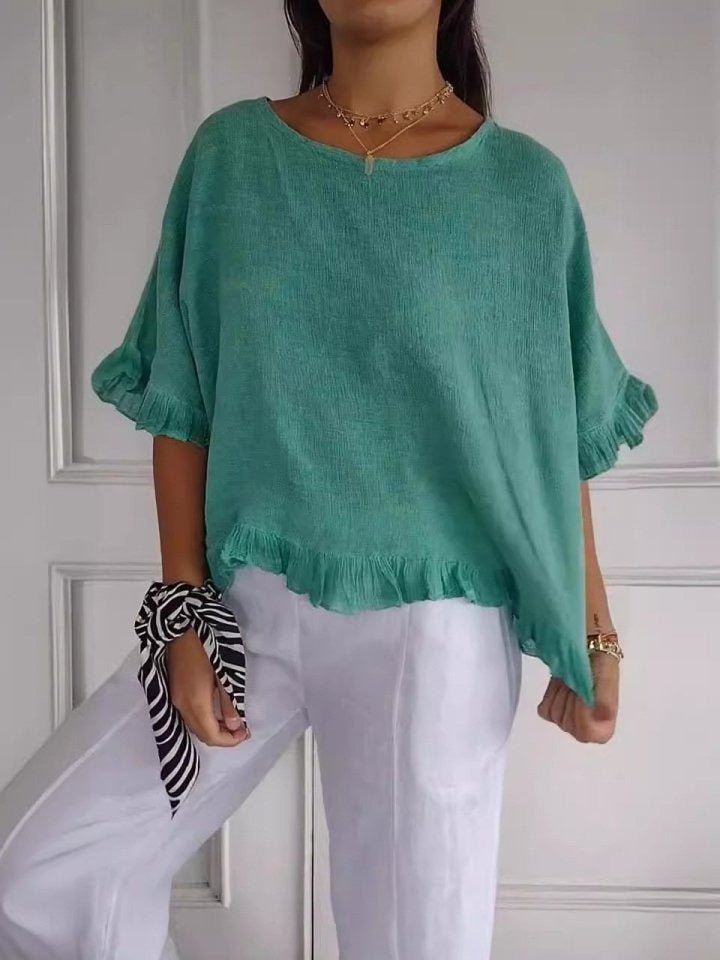 Women's Lightweight Ruffle-Hem Short-Sleeve Blouse - Green (Almost sold out)