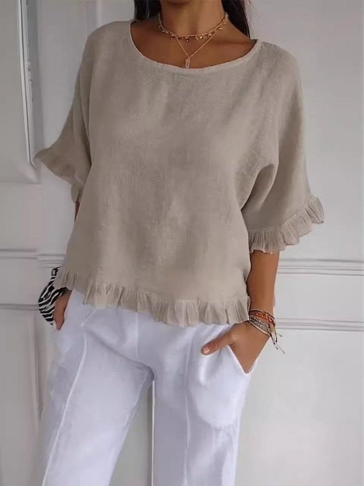 Women's Lightweight Ruffle-Hem Short-Sleeve Blouse - Beige