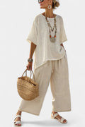Women's Linen Asymmetric Top Wide Leg Pants Two Piece Set - White