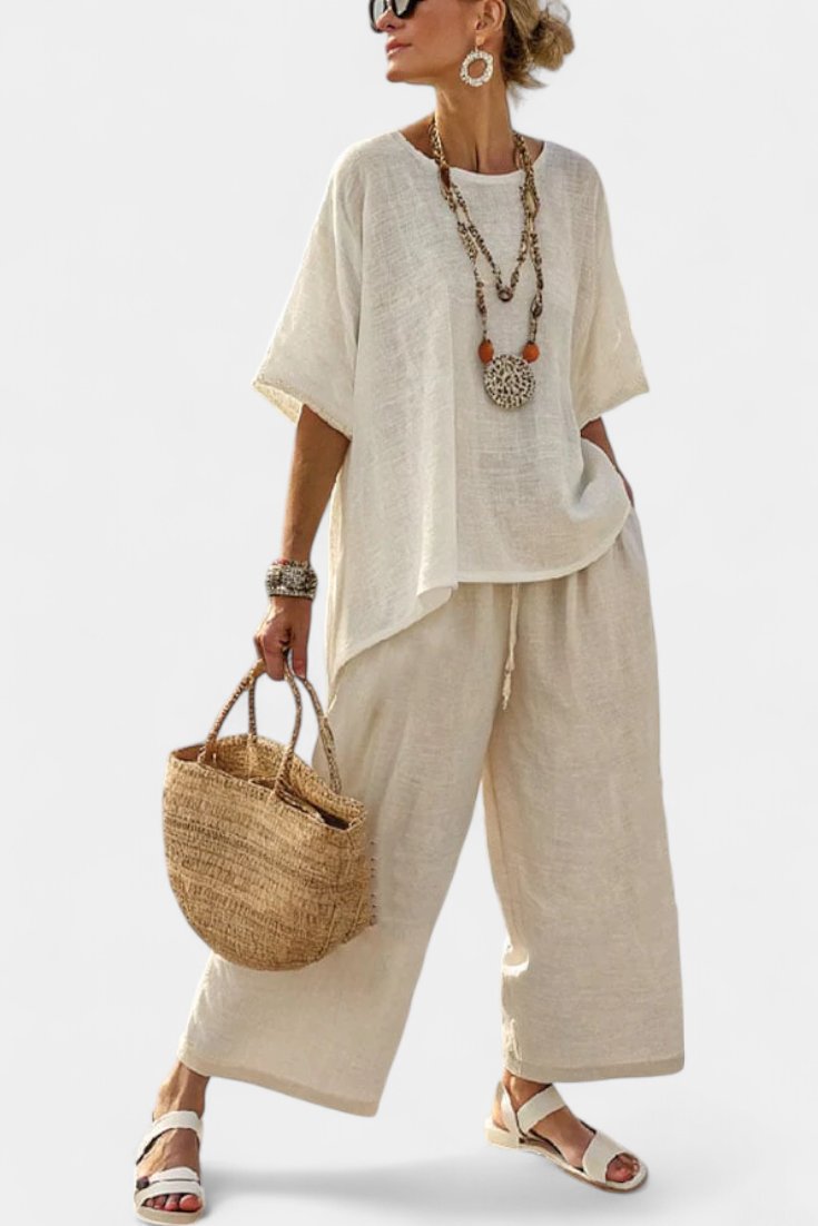 Women's Linen Asymmetric Top Wide Leg Pants Two Piece Set - White