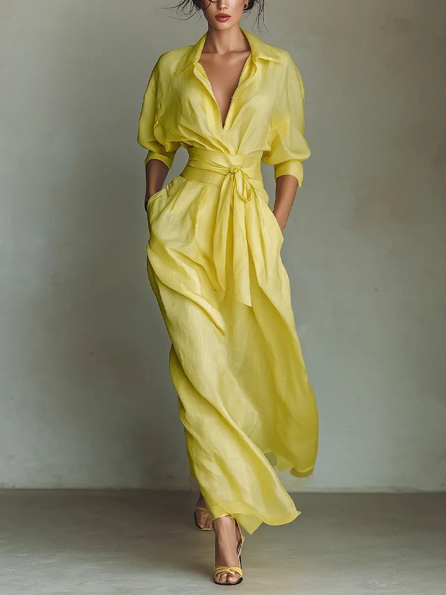 Women's Linen-Blend V-Neck Maxi Shirt Dress - Yellow