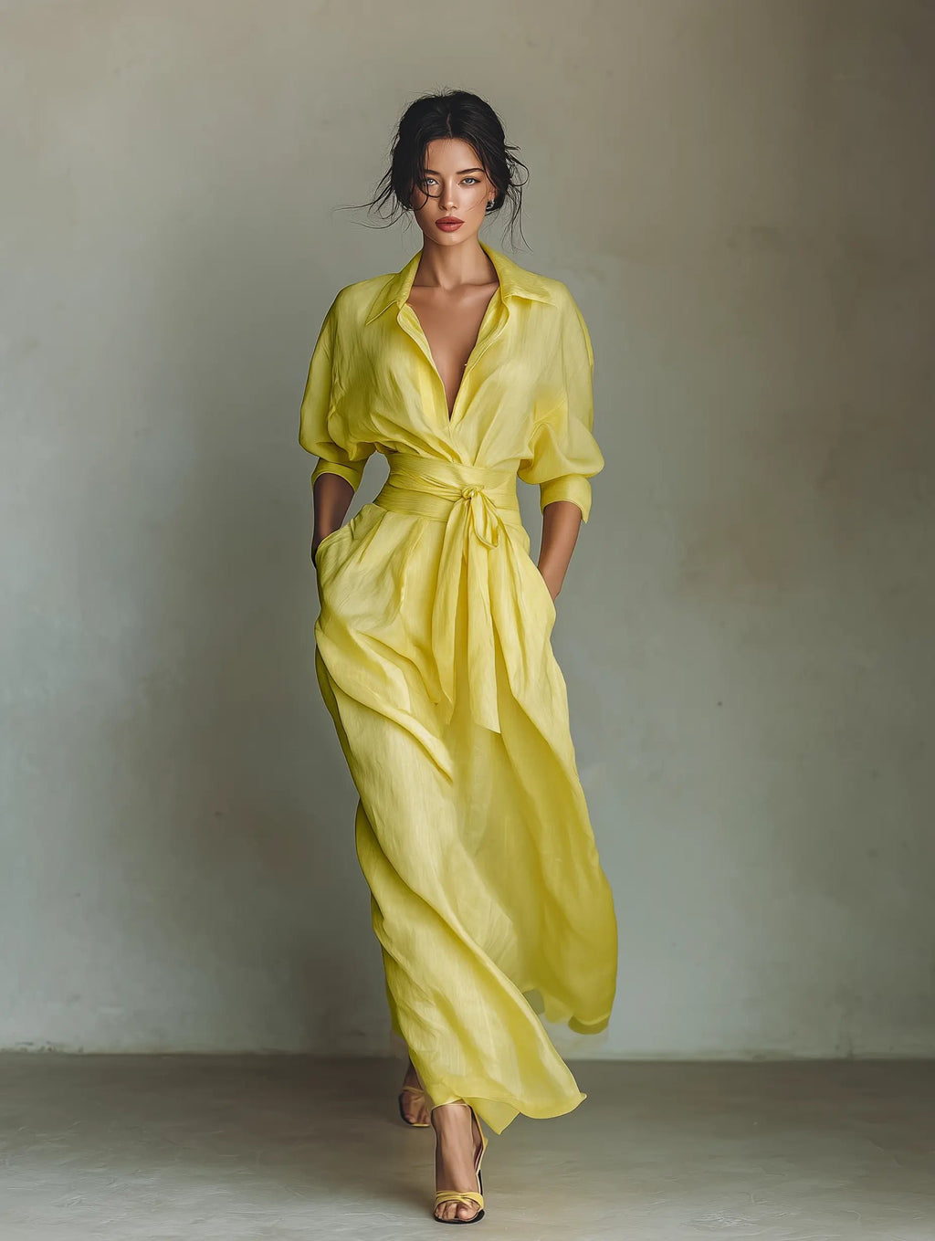 Women's Linen-Blend V-Neck Maxi Shirt Dress