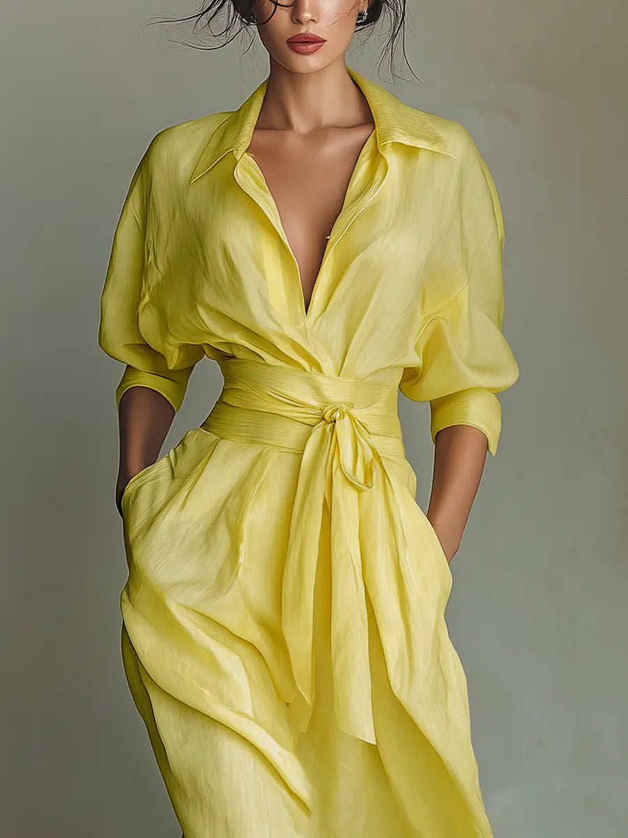 Women's Linen-Blend V-Neck Maxi Shirt Dress
