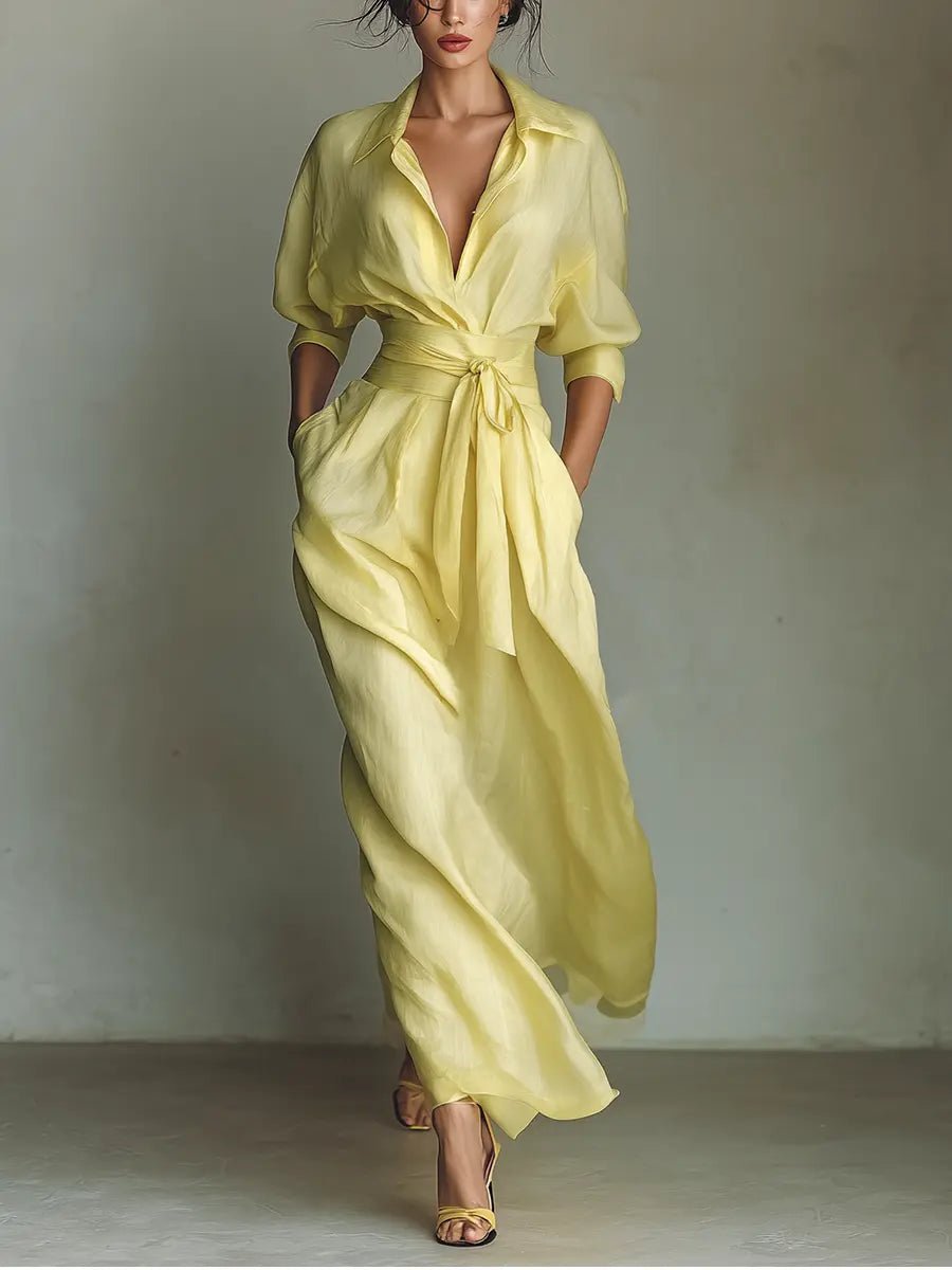 Women's Linen-Blend V-Neck Maxi Shirt Dress