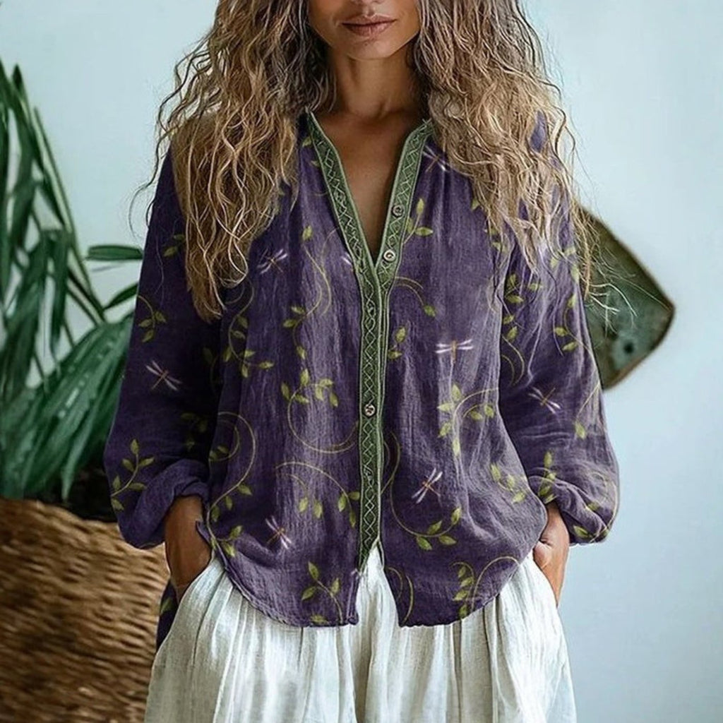Women's Linen Button-Down Blouse Long Sleeve V-Neck - Purple