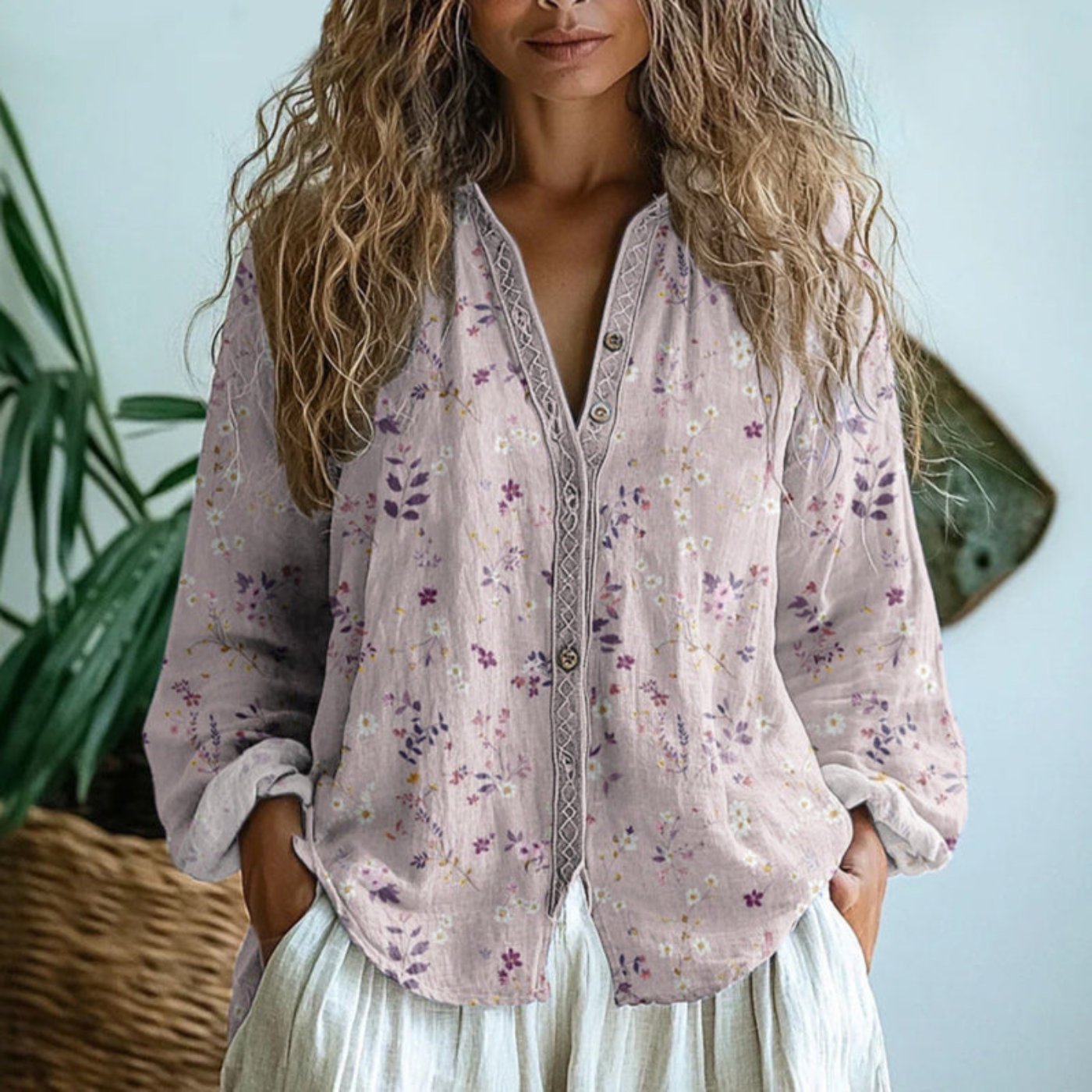 Women's Linen Button-Down Blouse Long Sleeve V-Neck - Light Pink