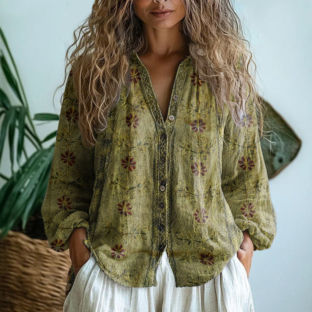 Women's Linen Button-Down Blouse Long Sleeve V-Neck - Light Olive Green