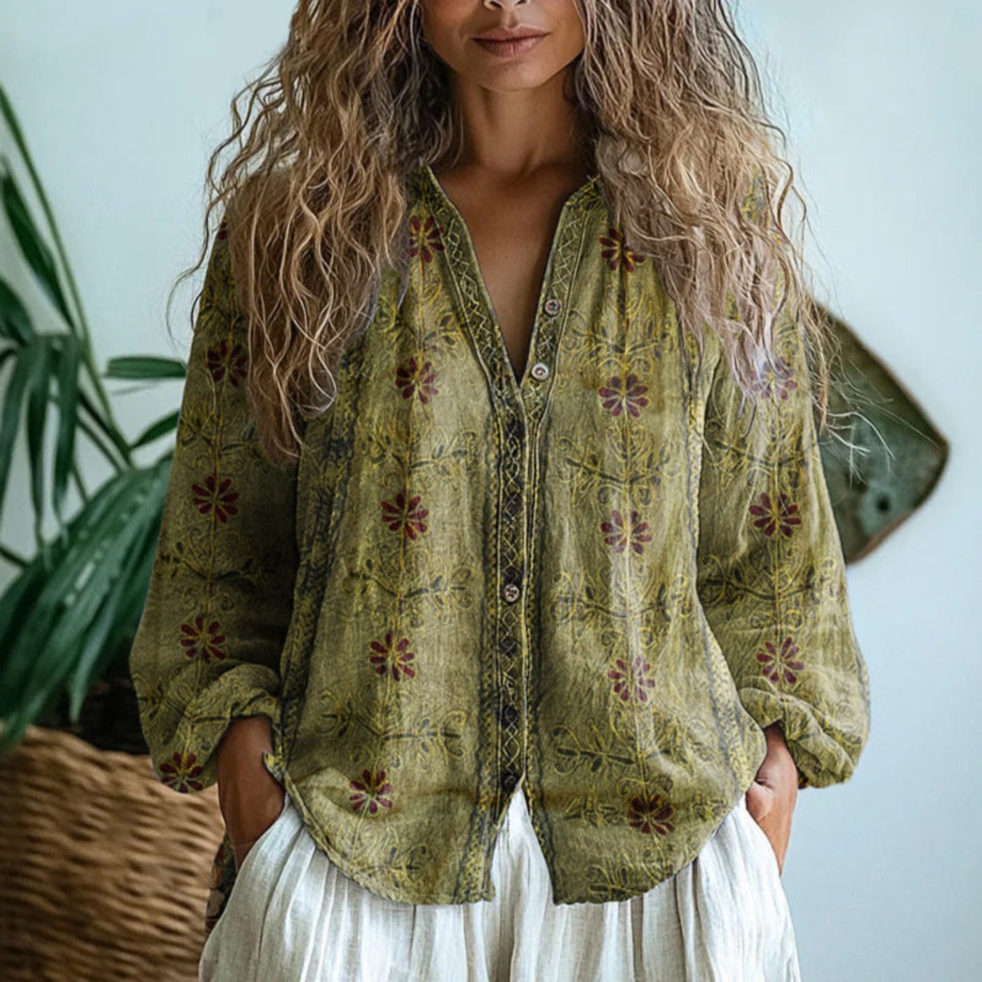 Women's Linen Button-Down Blouse Long Sleeve V-Neck - Light Olive Green