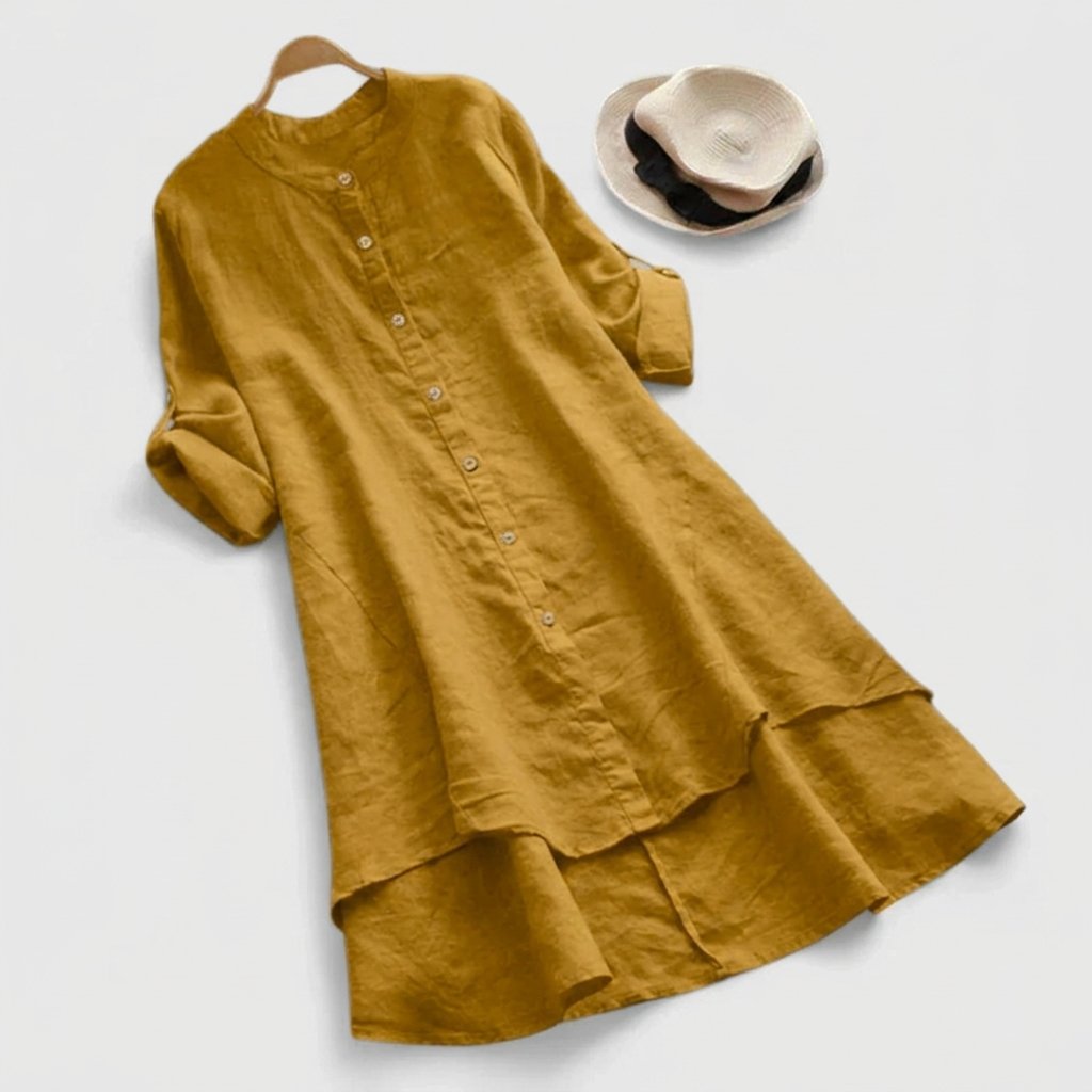 Women's Linen Button-Down Layered-Hem Shirt Dress - Mustard