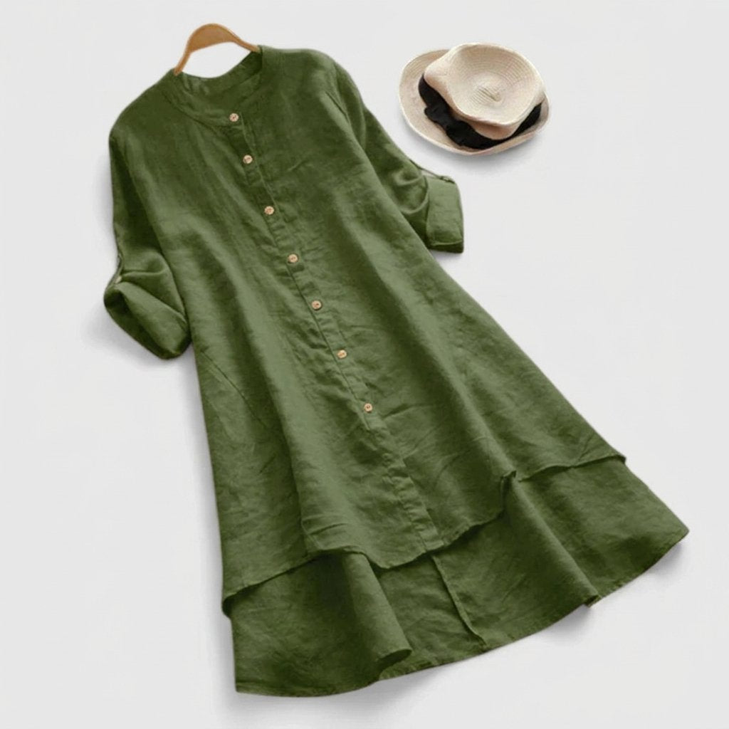 Women's Linen Button-Down Layered-Hem Shirt Dress - Army Green