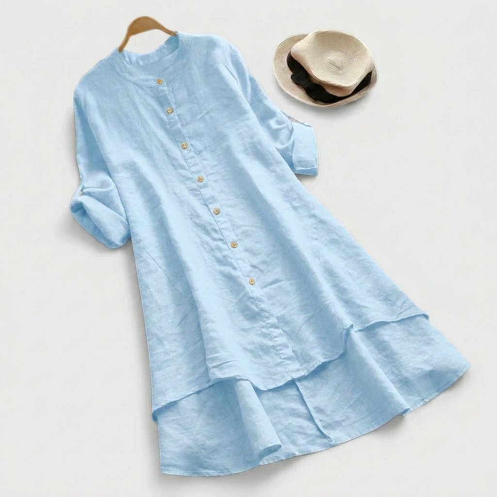 Women's Linen Button-Down Layered-Hem Shirt Dress - Light Blue