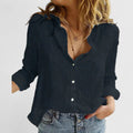 Women's Linen Button Down Shirt Lapel Collar Relaxed Fit - Black