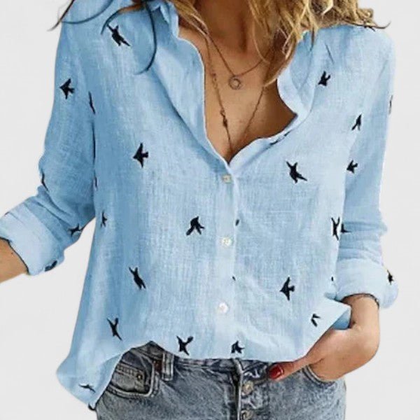 Women's Linen Button Down Shirt Lapel Collar Relaxed Fit - Blue 2