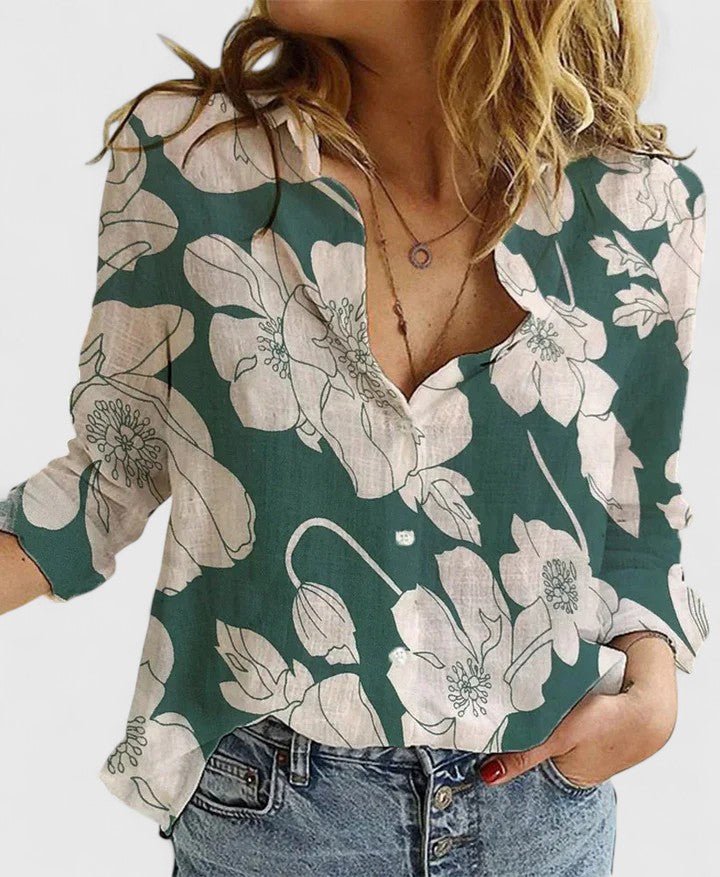 Women's Linen Button Down Shirt Lapel Collar Relaxed Fit - Green 2