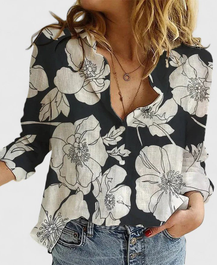 Women's Linen Button Down Shirt Lapel Collar Relaxed Fit - Black 2