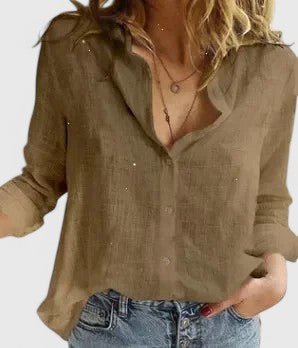 Women's Linen Button Down Shirt Lapel Collar Relaxed Fit - Brown
