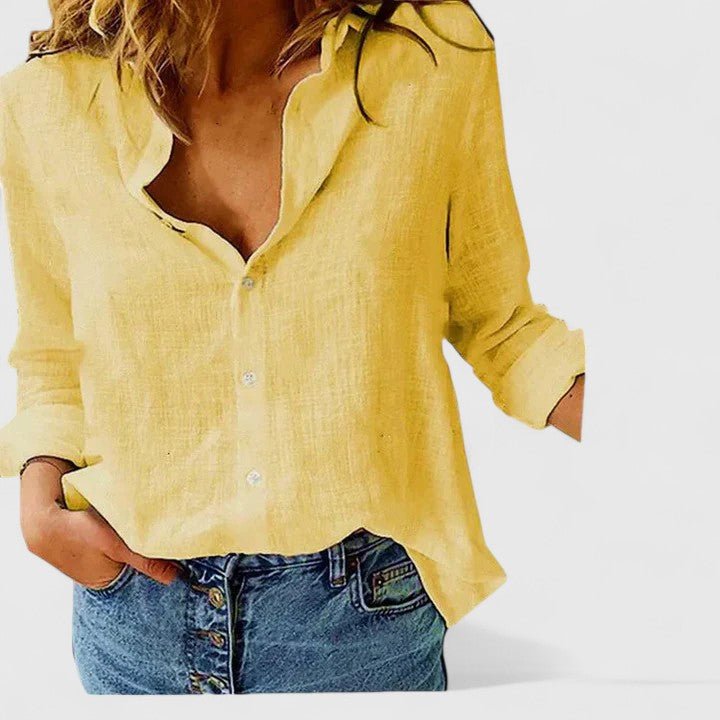 Women's Linen Button Down Shirt Lapel Collar Relaxed Fit - Yellow