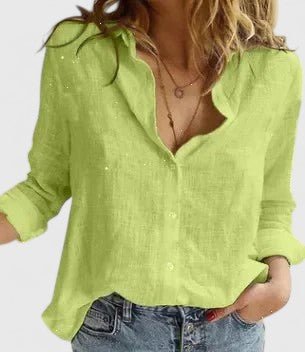 Women's Linen Button Down Shirt Lapel Collar Relaxed Fit - Green