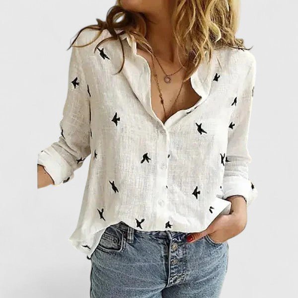 Women's Linen Button Down Shirt Lapel Collar Relaxed Fit - White 2