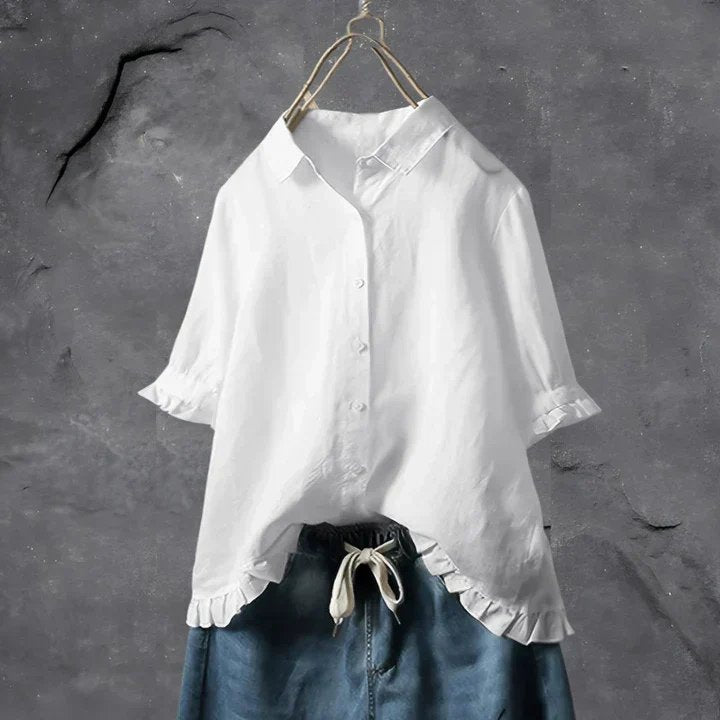 Women's Linen Button Down Shirt Ruffle Sleeves Relaxed Fit - White