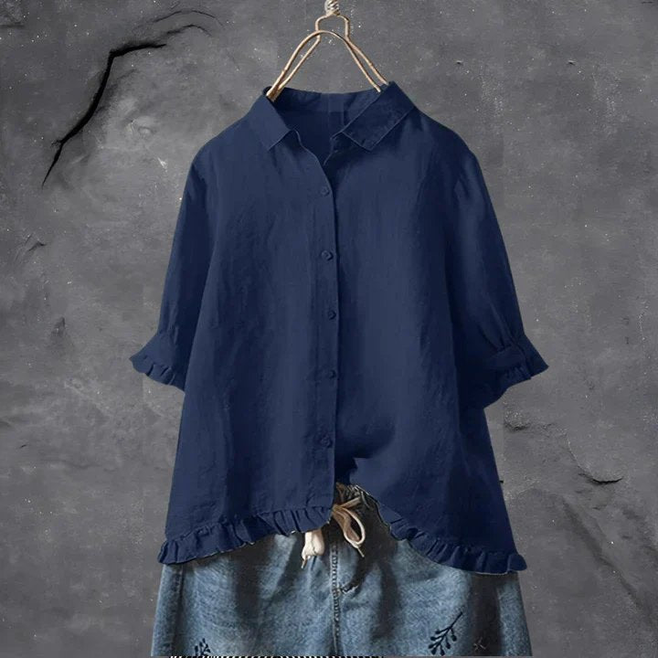 Women's Linen Button Down Shirt Ruffle Sleeves Relaxed Fit - Navy